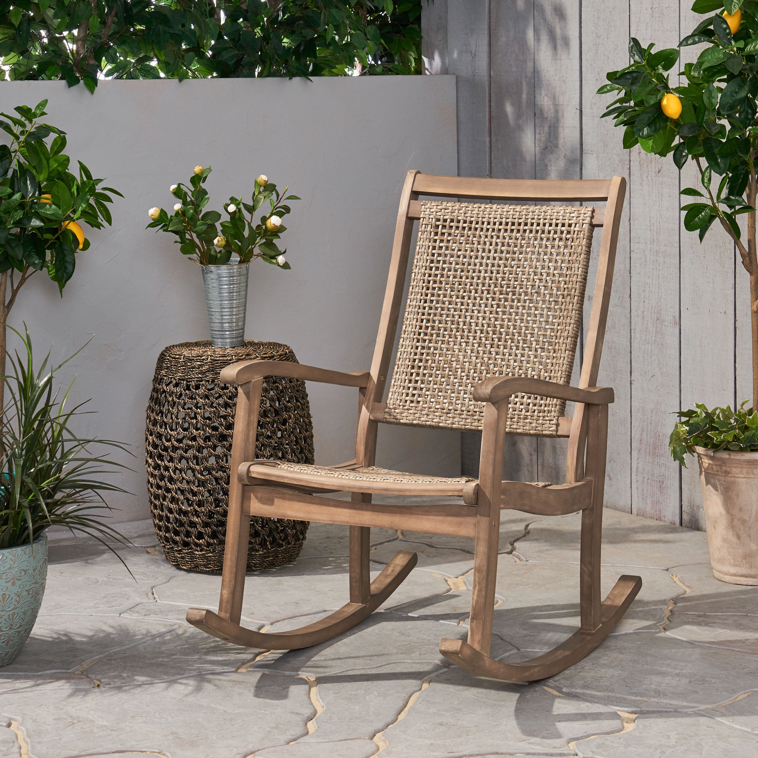 Outdoor interiors wicker and online eucalyptus outdoor rocking chair