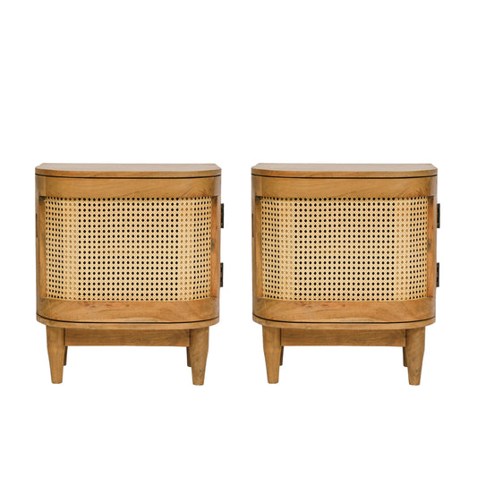 Cerny Rustic Handmade Wood and Cane Nightstand Cabinets, Set of 2, Natural
