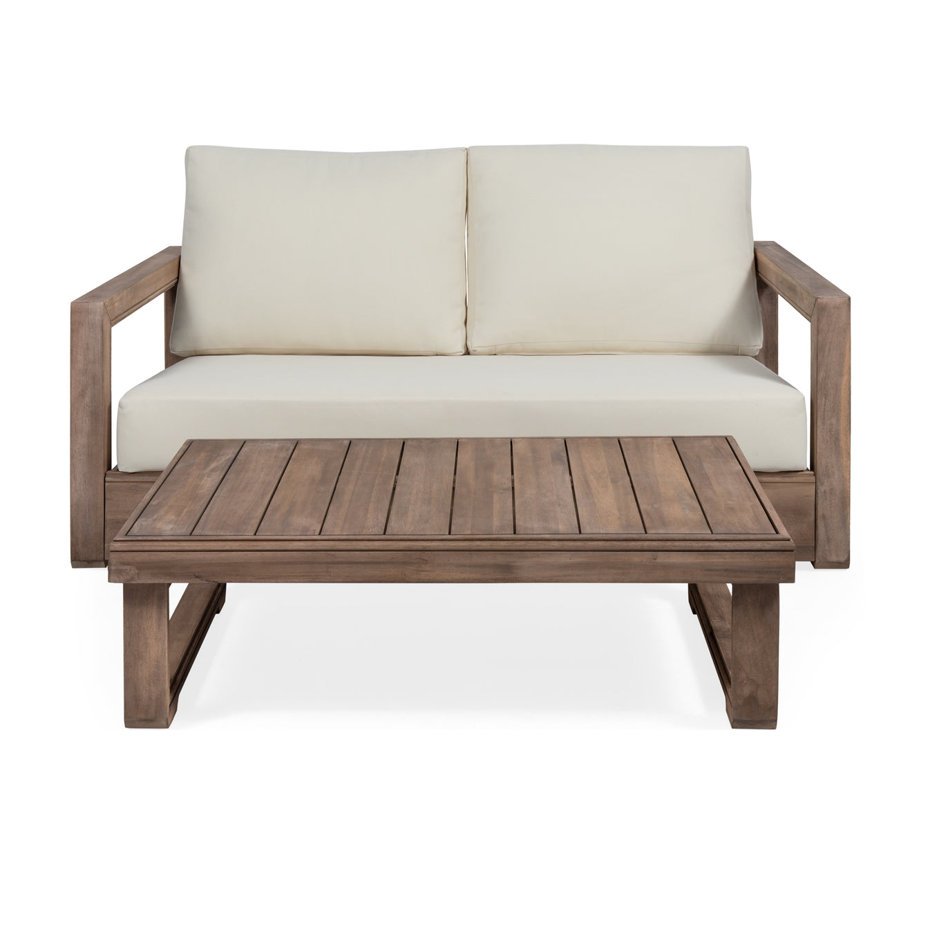Andrae Outdoor Acacia Wood Loveseat Set with Coffee Table GDFStudio