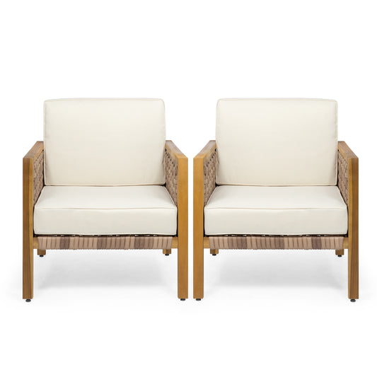 Maycen Outdoor Acacia Wood Club Chair with Wicker Accents (Set of 2)