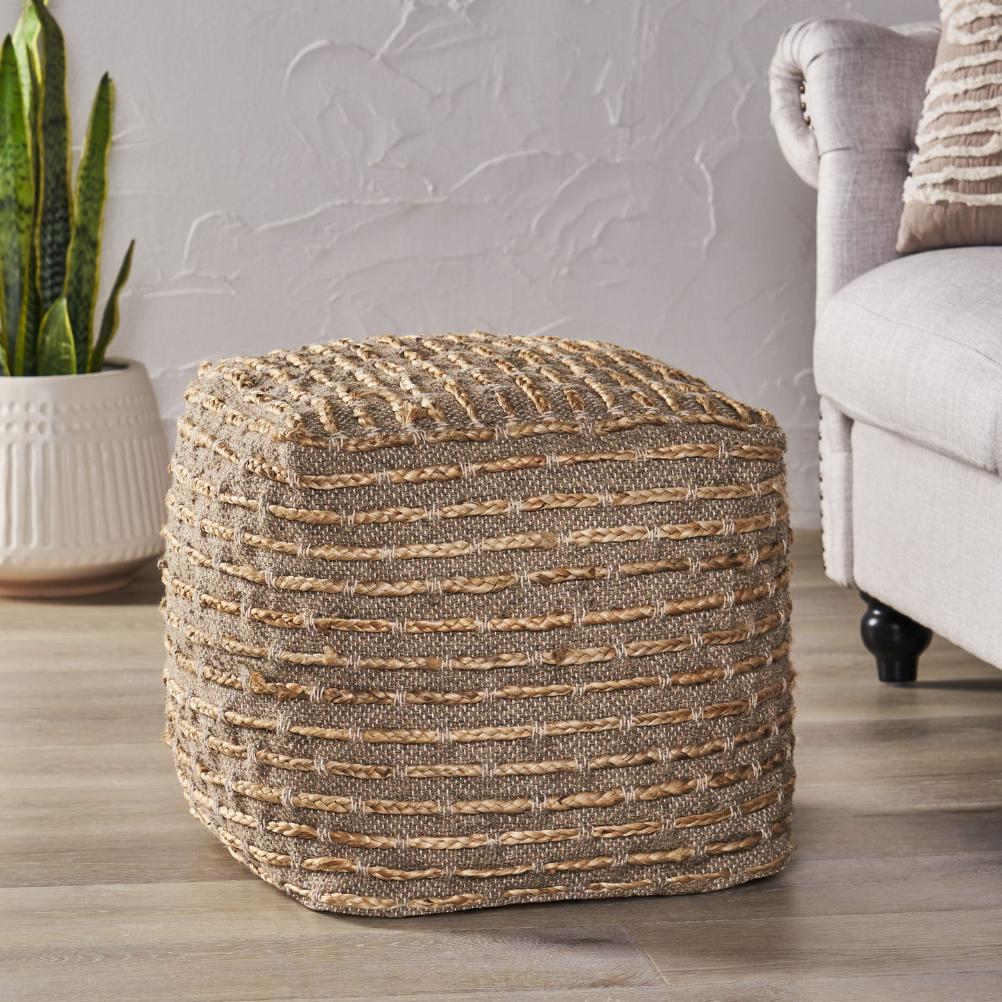 Berea Boho Handcrafted Fabric Cube Pouf, Natural