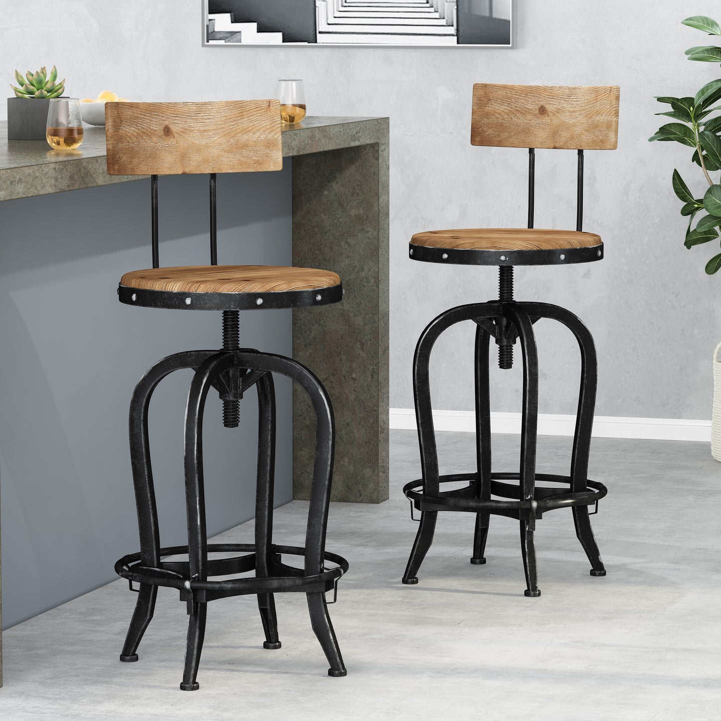 Pineview Modern Industrial Firwood Adjustable Height Swivel Barstools, Set of 2, Natural and Black Brushed Silver