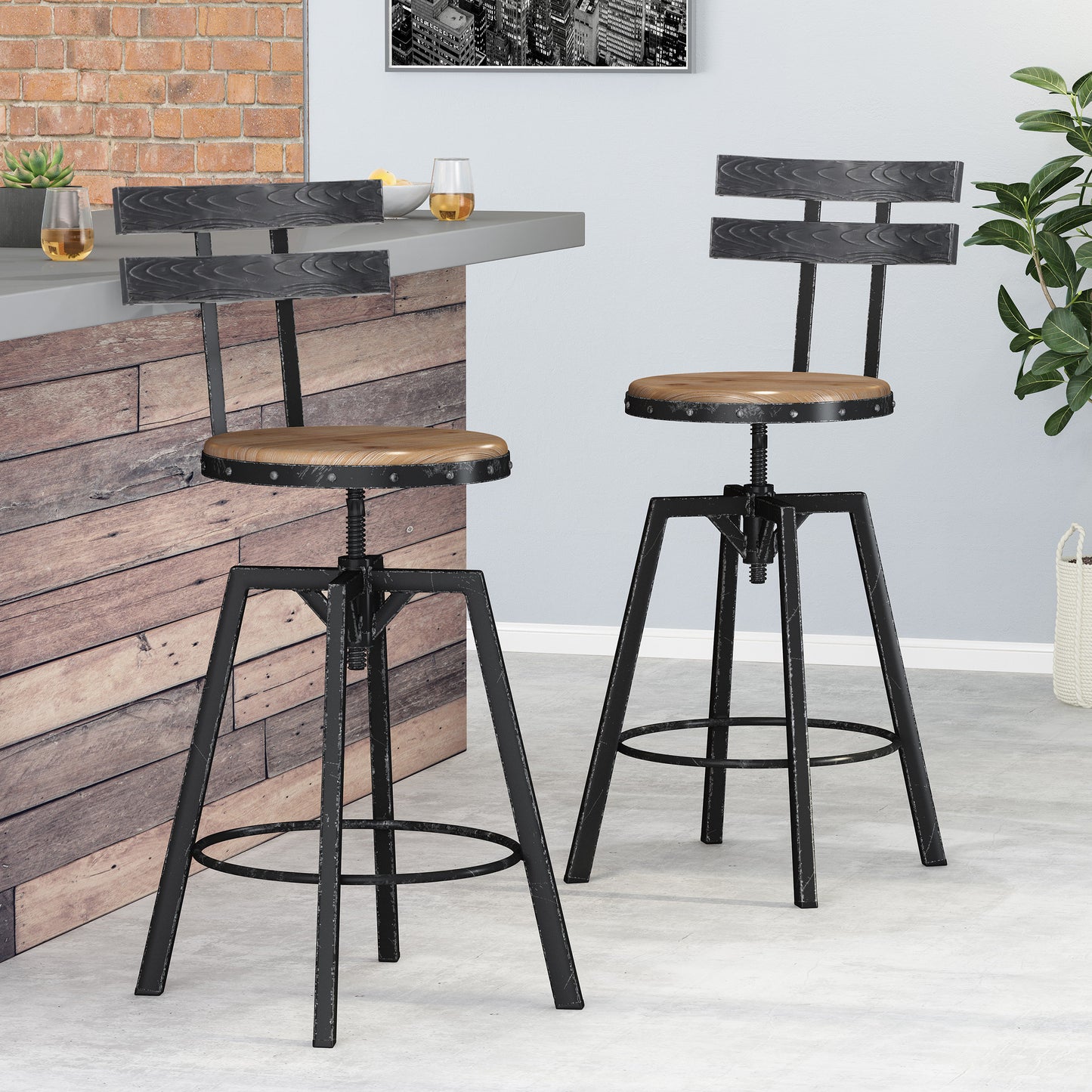 Theo Modern Industrial Firwood Adjustable Height Swivel Barstools, Set of 2, Natural and Black Brushed Silver