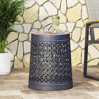 Khalief Outdoor Lace Cut Side Table with Tile Top