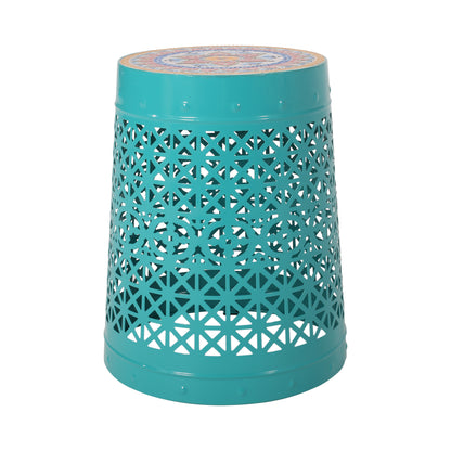 Khalief Outdoor Lace Cut Side Table with Tile Top