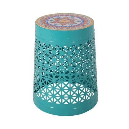 Khalief Outdoor Lace Cut Side Table with Tile Top