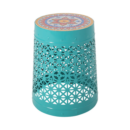 Khalief Outdoor Lace Cut Side Table with Tile Top