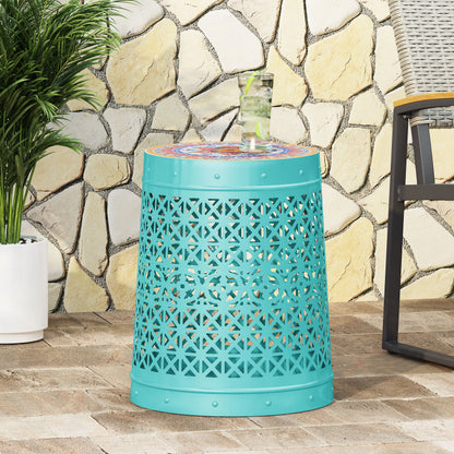 Khalief Outdoor Lace Cut Side Table with Tile Top