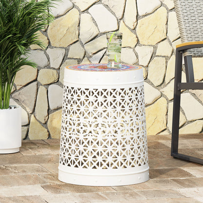 Khalief Outdoor Lace Cut Side Table with Tile Top