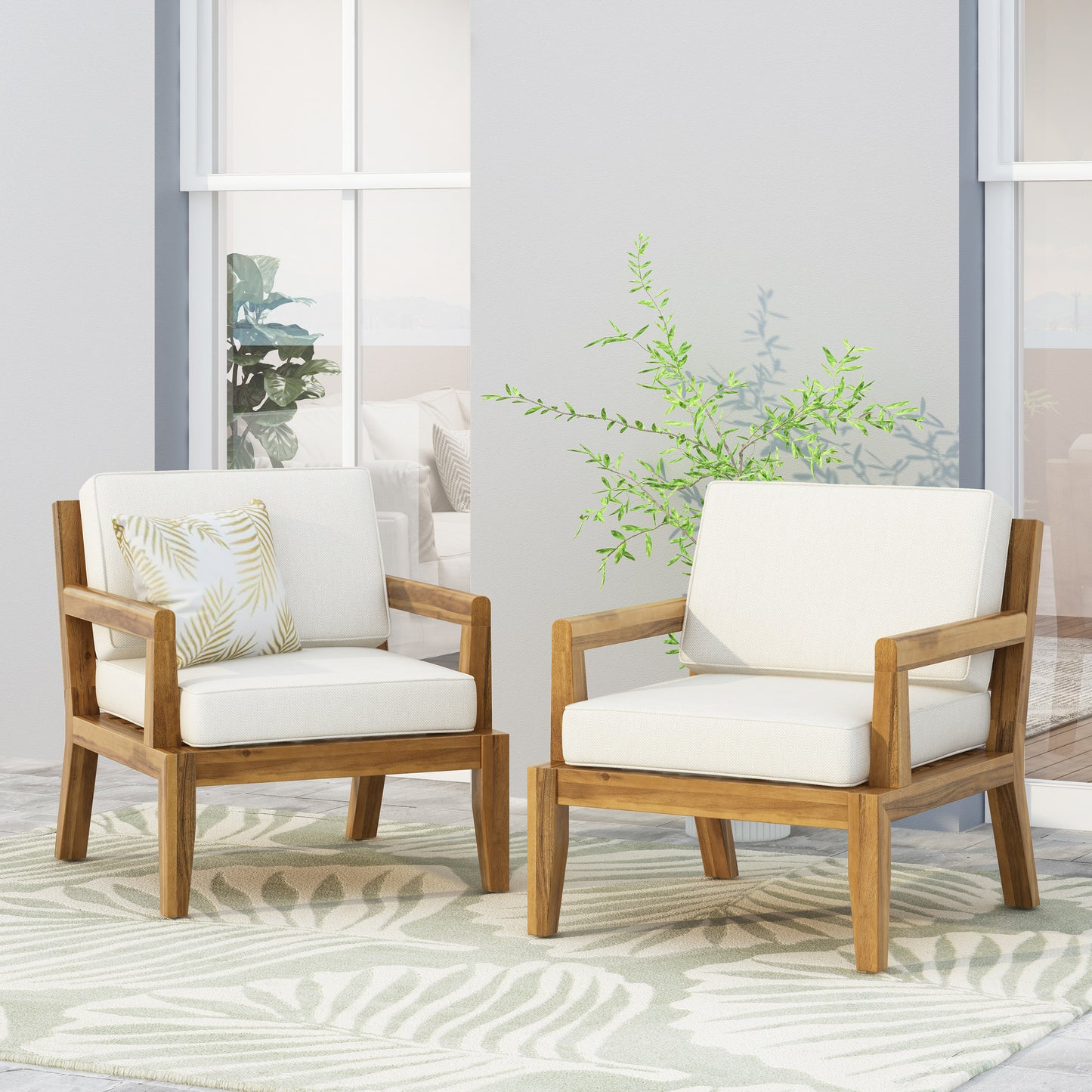 Camak Rossville Outdoor Acacia Wood Club Chairs with Cushions, Set of 2, Teak and Beige