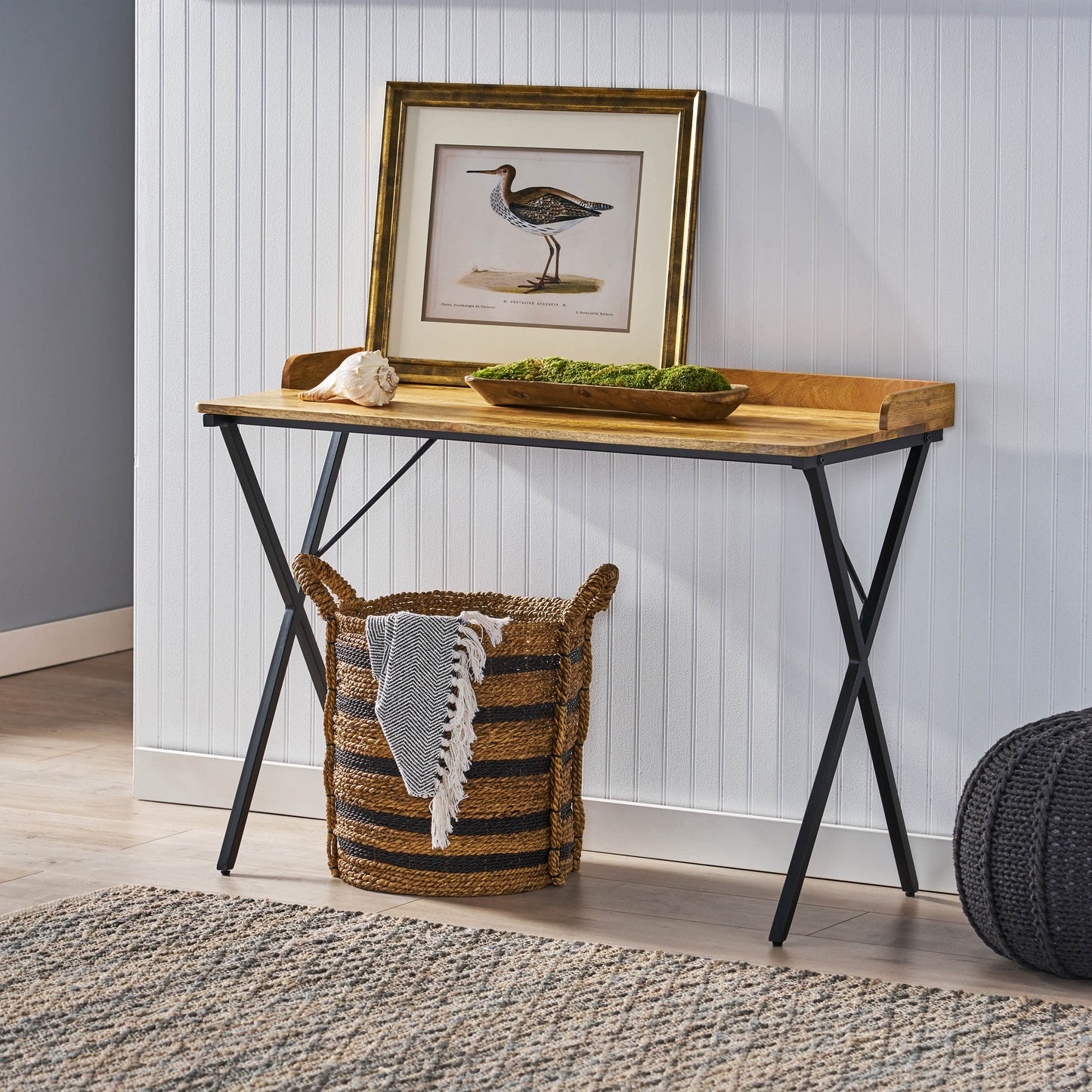 Bellbrook Modern Industrial Handmade Mango Wood Tray Top Console Table, Natural and Black