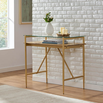 Adena Rustic Glam Handmade Glass Top Console Table, Honey Brown and Gold