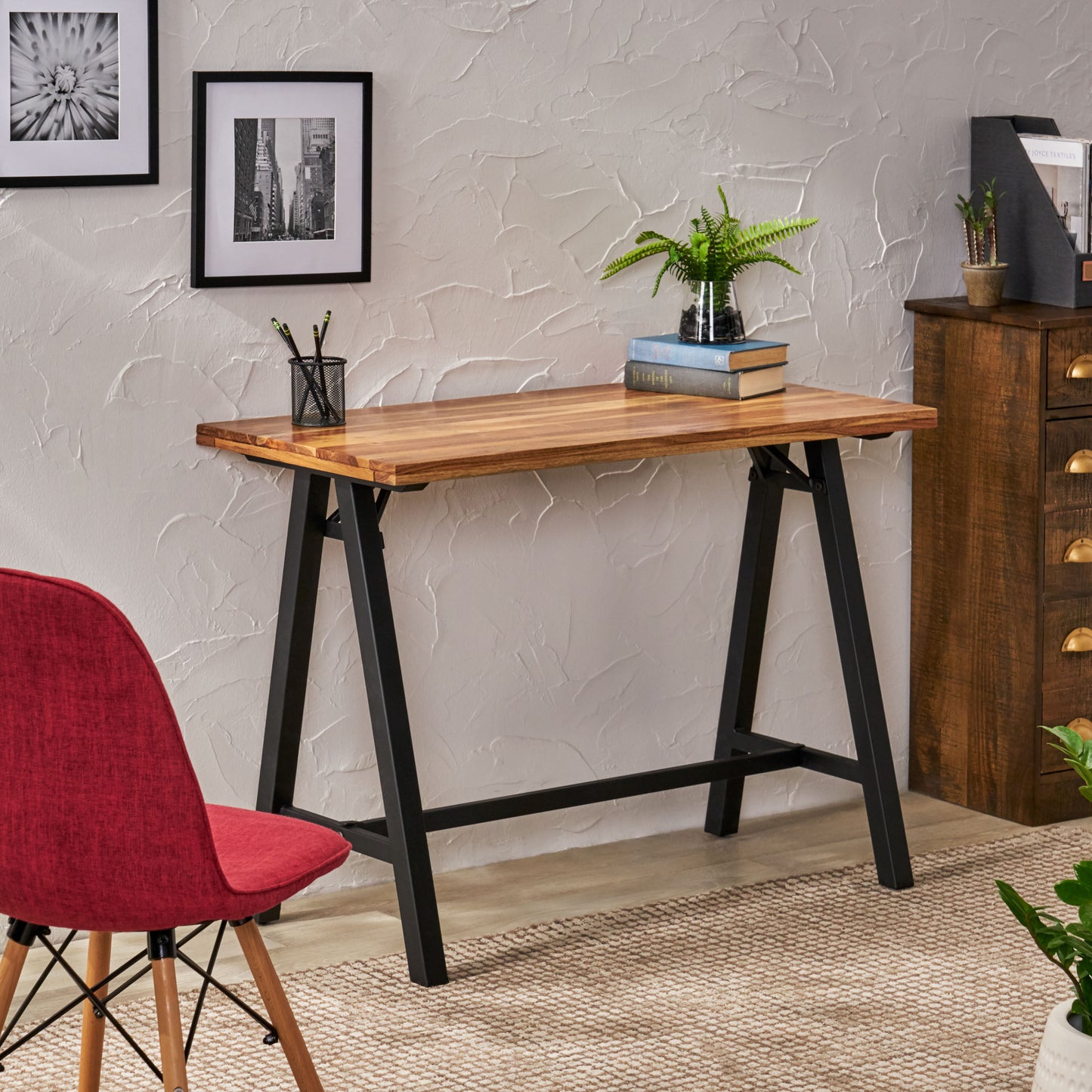 Wilhoit Shurley Modern Industrial Handcrafted Acacia Wood Desk, Natural and Black