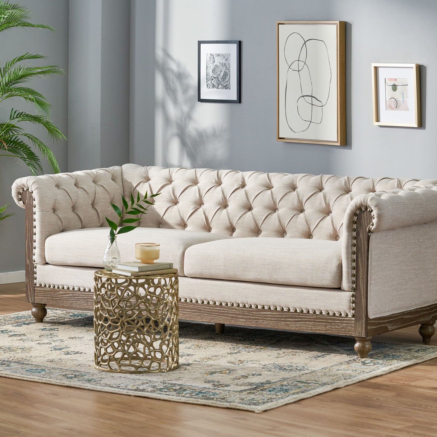 Kinzie Chesterfield Tufted Fabric 3 Seater Sofa with Nailhead Trim