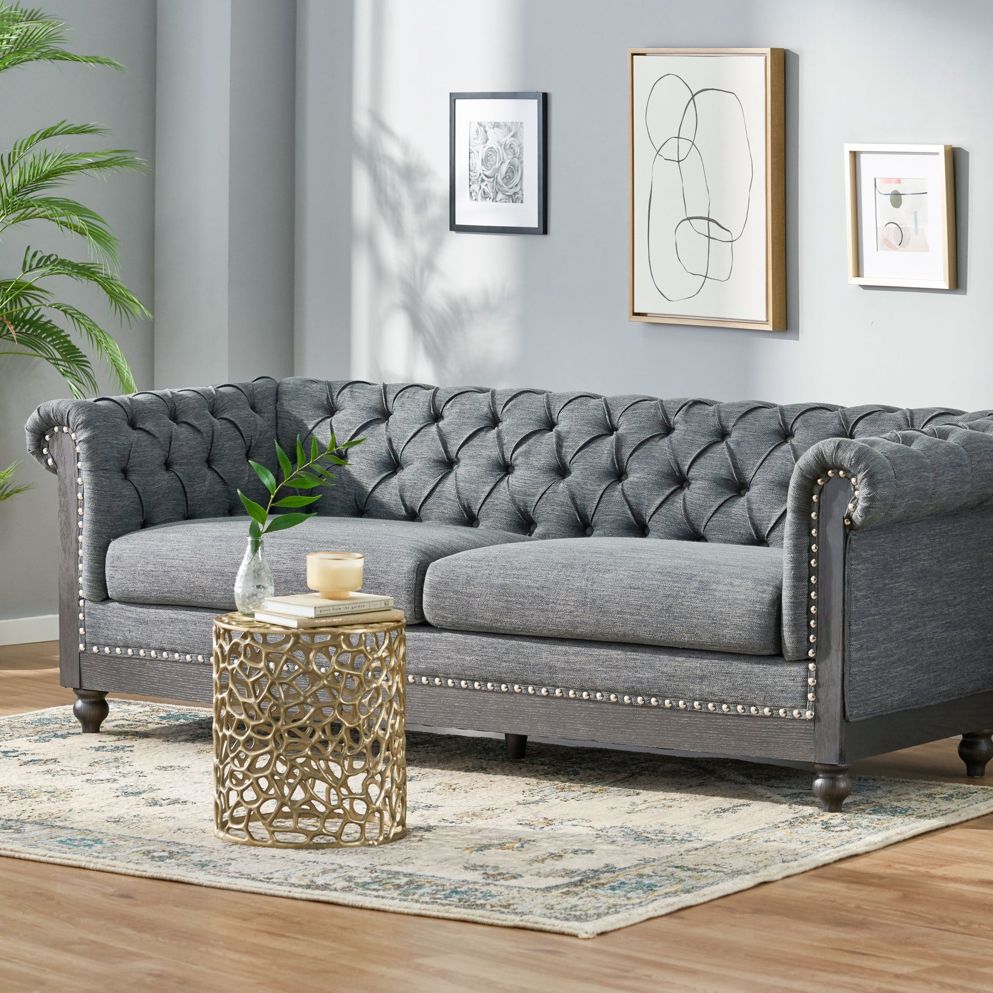 Kinzie Chesterfield Tufted Fabric Seater Sofa with Nailhead Trim
