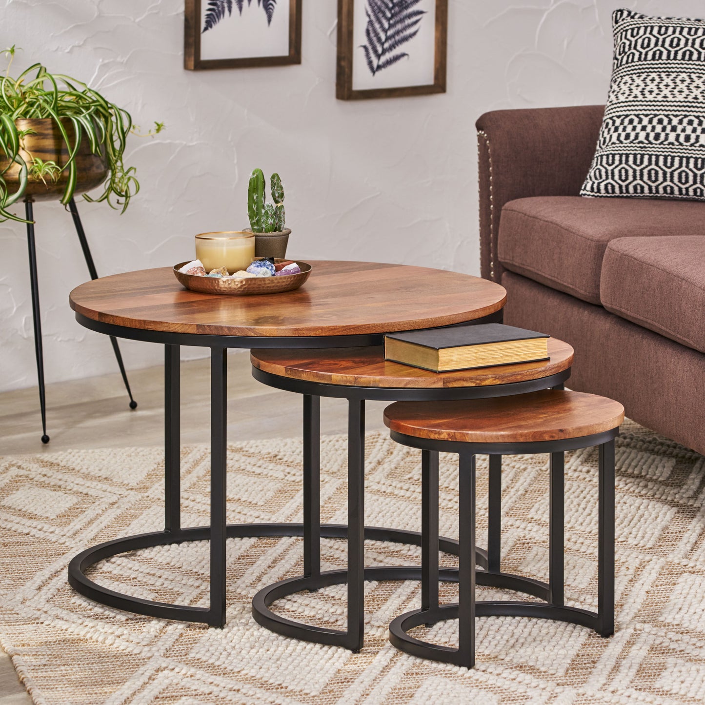 Brown Wood Industrial Accent Table (Set of 3)