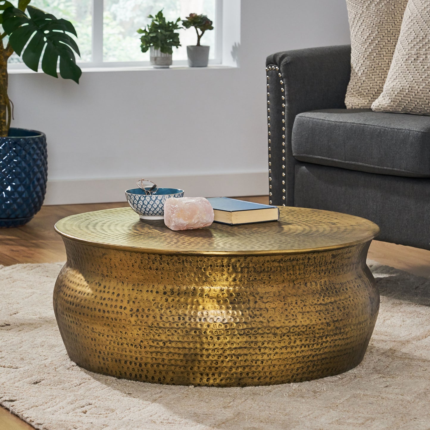 Kenwood Modern Handcrafted Aluminum Drum Coffee Table, Aged Brass