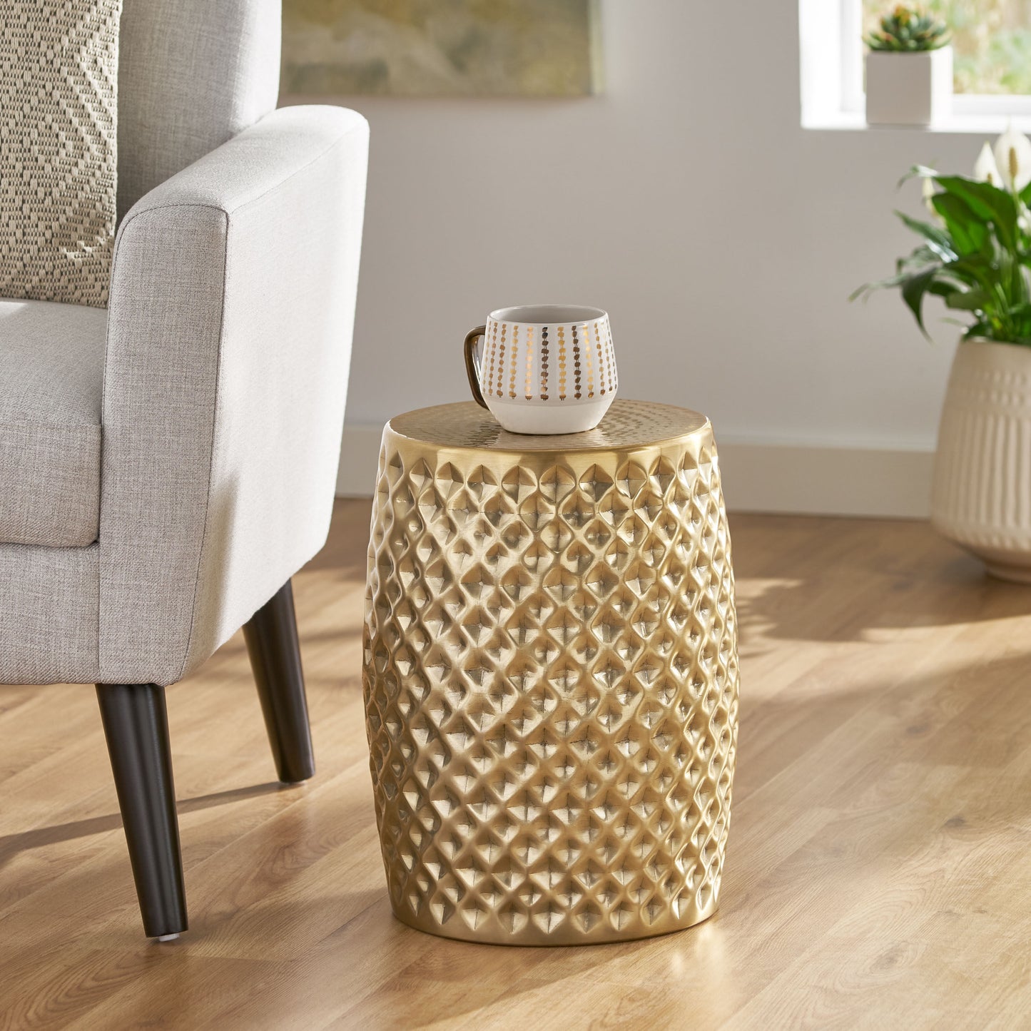 Kimberly Boho Glam Handcrafted Hammered Aluminum Side Table, Brass