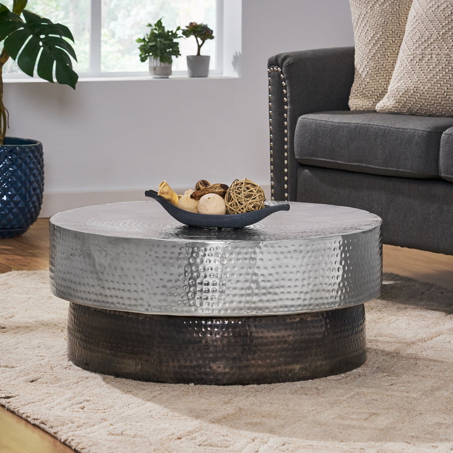 Brenizer Modern Handcrafted Hammered Aluminum Two Toned Coffee Table, Antique Pewter