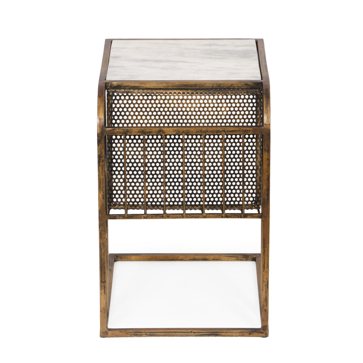 Billman Boho Glam Handcrafted Marble Top C-Shaped Side Table with Magazine Rack, Natural White and Antique Brass