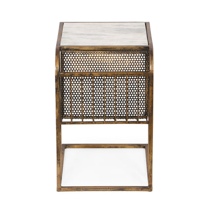 Billman Boho Glam Handcrafted Marble Top C-Shaped Side Table with Magazine Rack, Natural White and Antique Brass