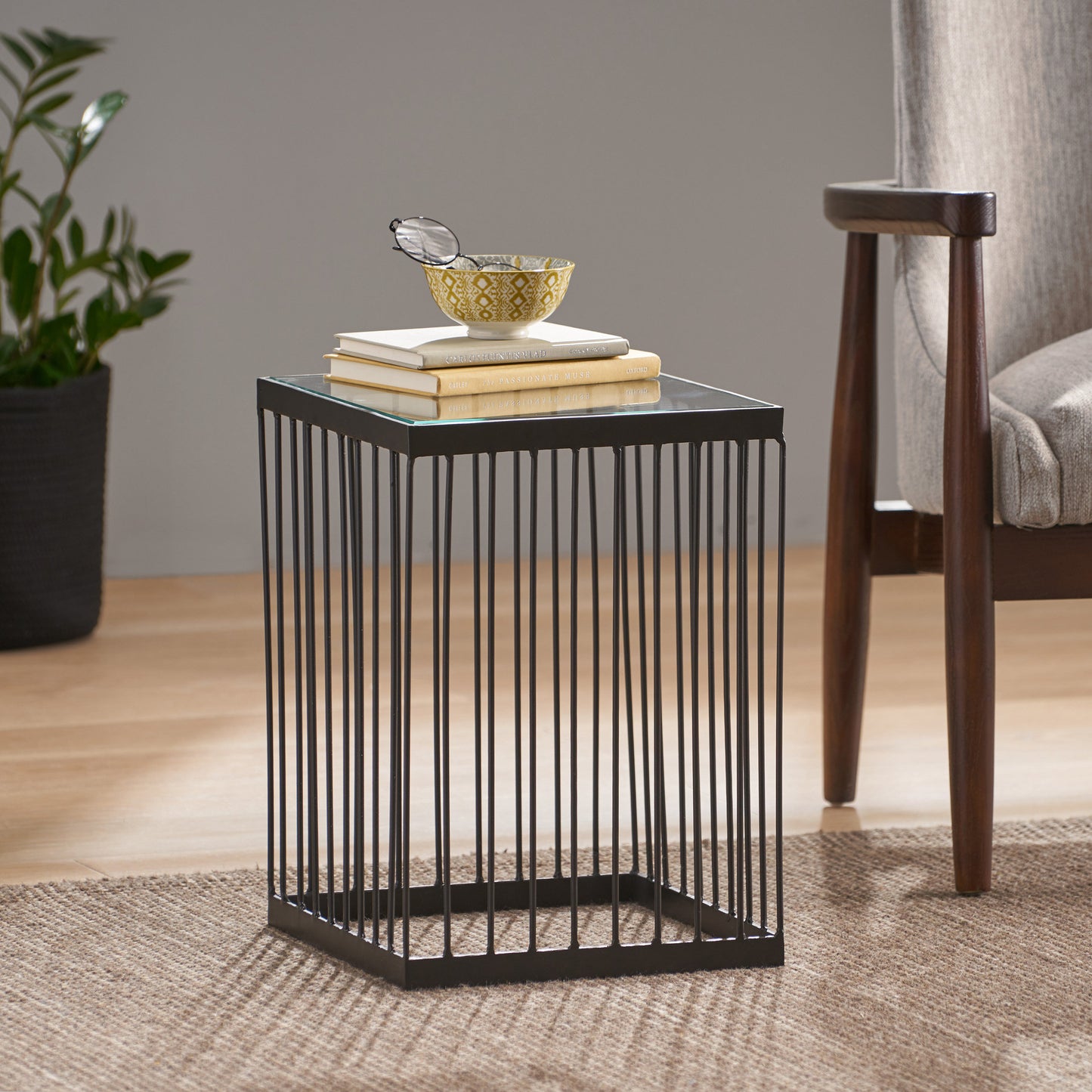 Plevna Contemporary Handcrafted Cage Side Table with Glass Top, Black and Clear
