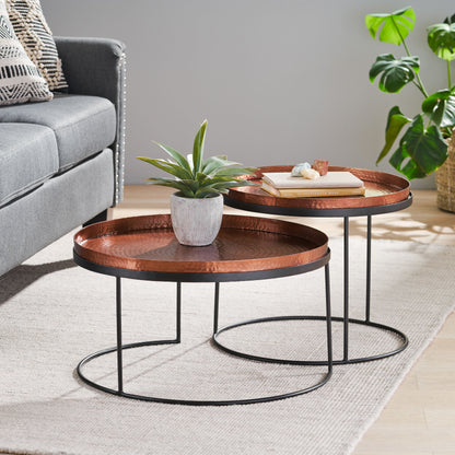 Millard Modern Handcrafted Hammered Aluminum Nesting Accent Tables, Set of 2, Copper and Black
