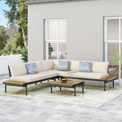 Cody Outdoor Acacia Wood 5 Seater Sectional Sofa Set with Water Resistant Cushions, Teak, Black, and Cream