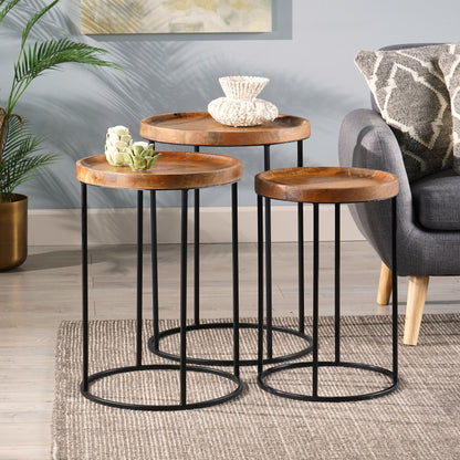 Colwill Modern Industrial Handcrafted Mango Wood Nested Side Tables (Set of 3), Natural and Black