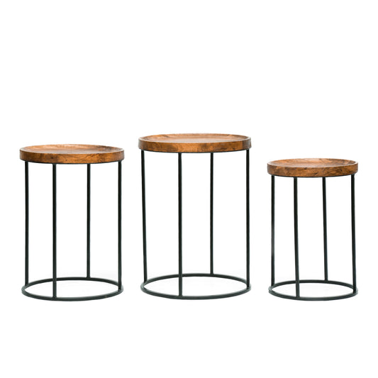 Colwill Modern Industrial Handcrafted Mango Wood Nested Side Tables (Set of 3), Natural and Black