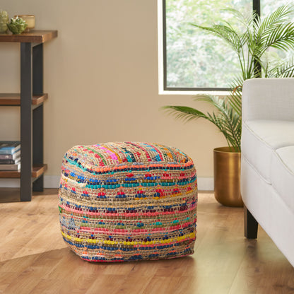 Kemp Handcrafted Boho Fabric Cube Pouf