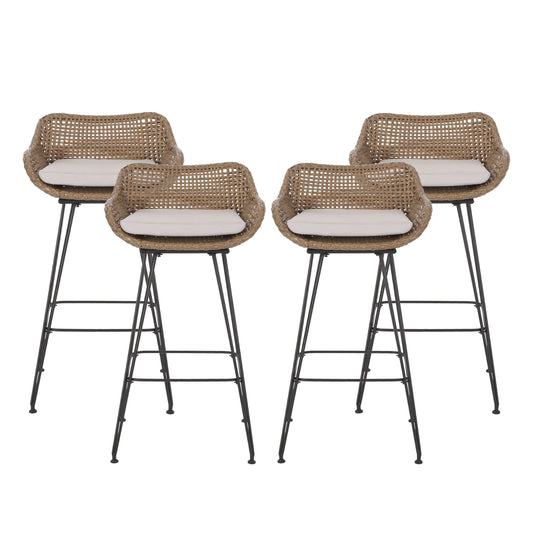 Pondway Outdoor Wicker and Iron Barstools with Cushion, Set of 4