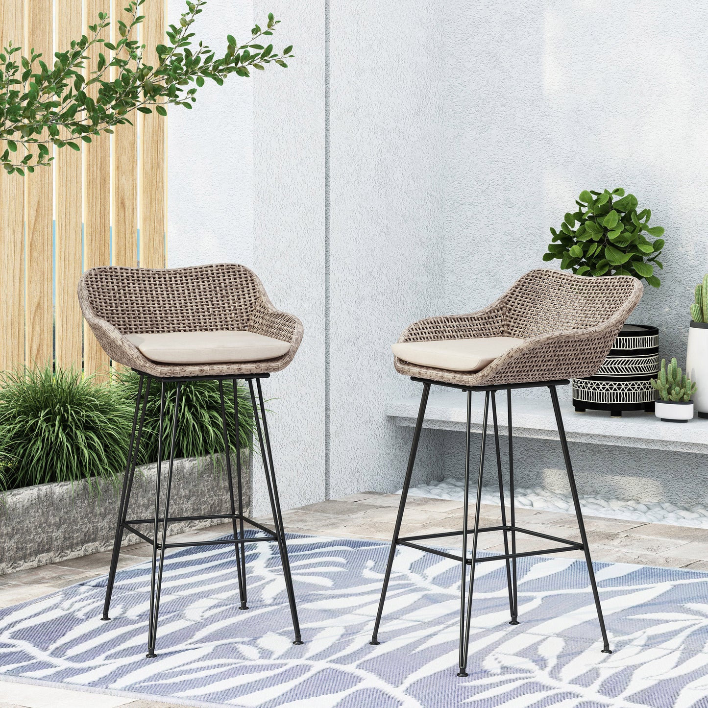 Pondway Outdoor Wicker and Iron Barstools with Cushion, Set of 2