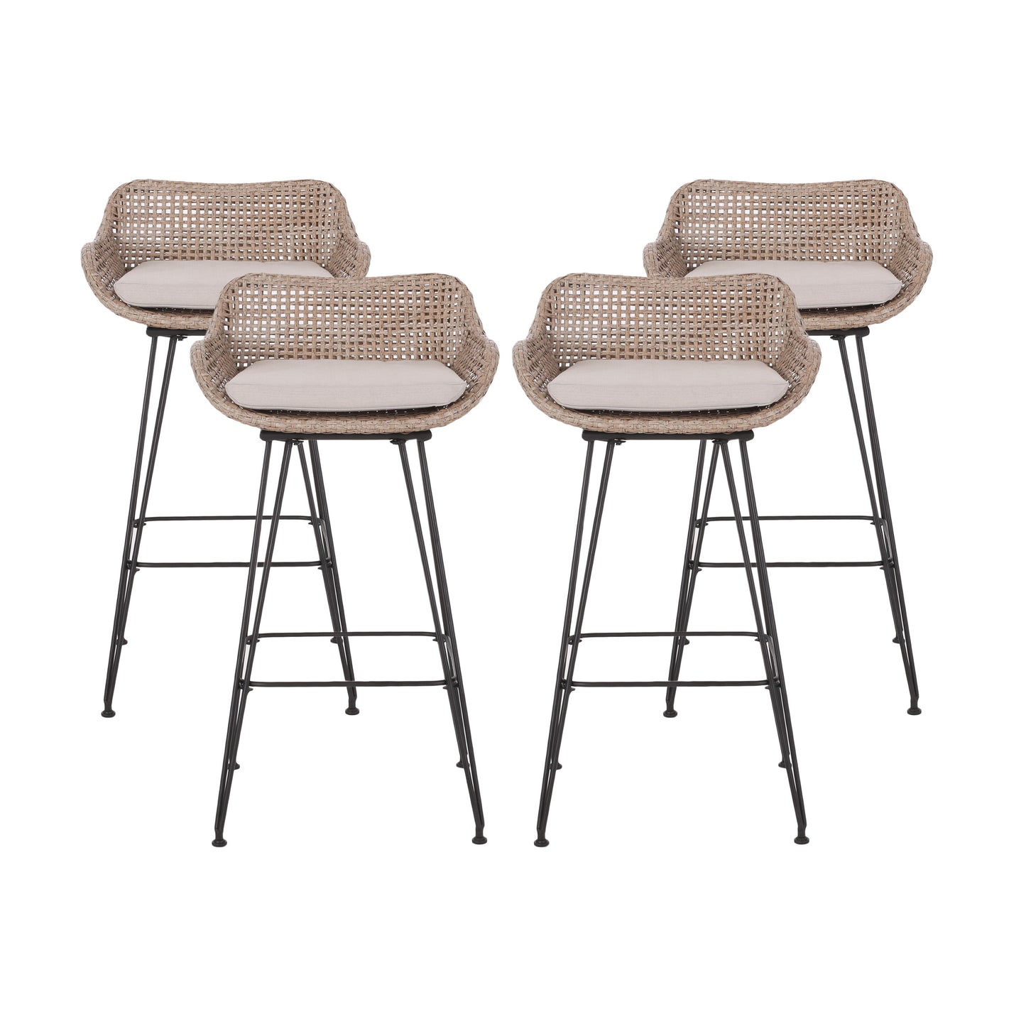 Pondway Outdoor Wicker and Iron Barstools with Cushion, Set of 4