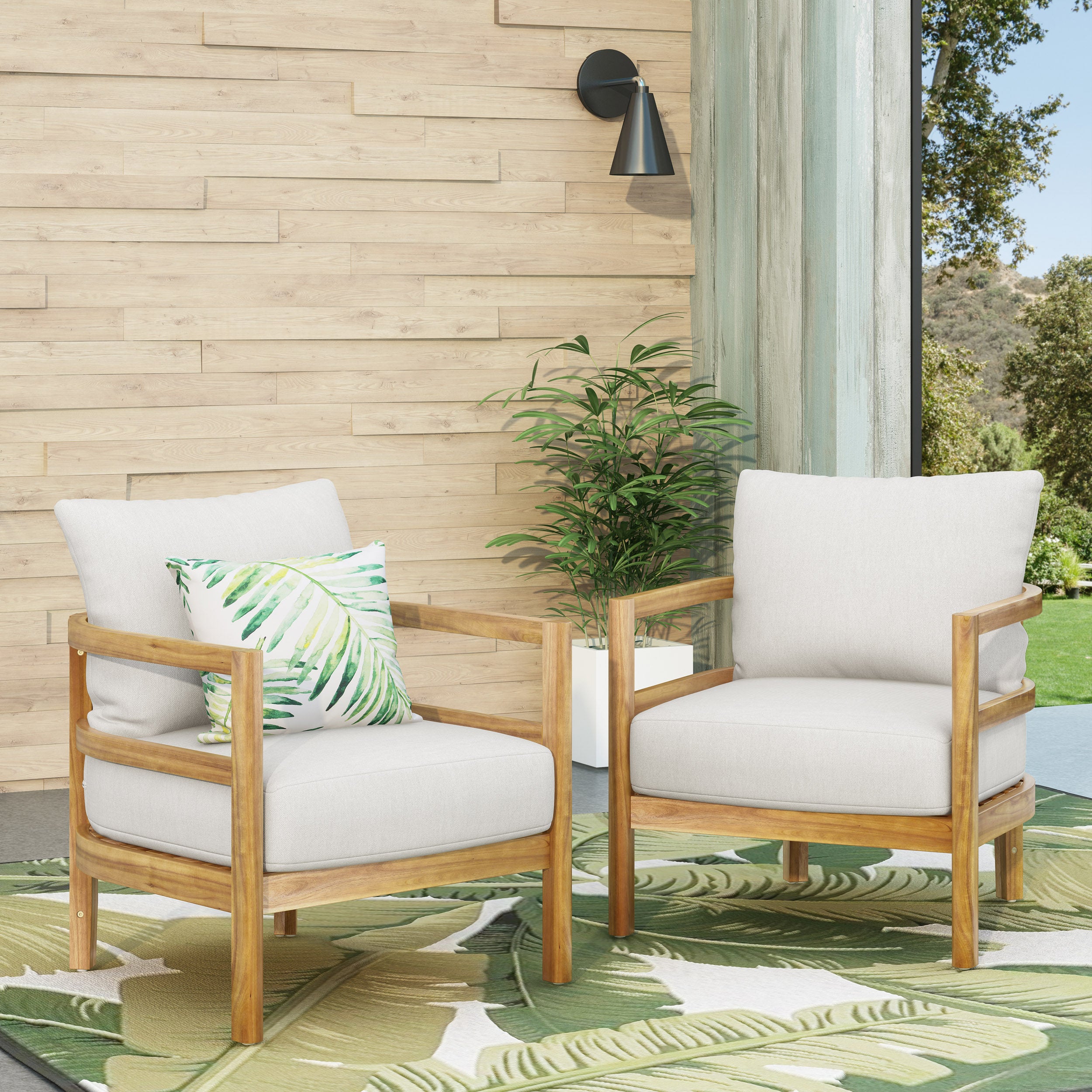 Aggie Outdoor Acacia Wood Club Chair with Cushion, Set of 2, Teak and ...