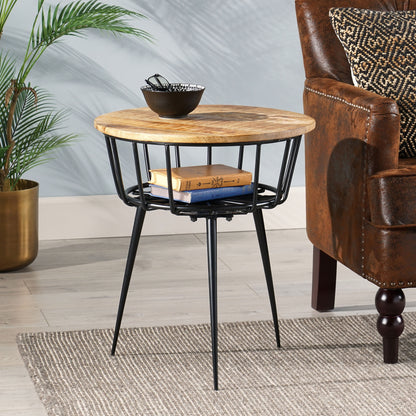 Tomilson Modern Industrial Handcrafted Mango Wood Side Table, Natural and Black