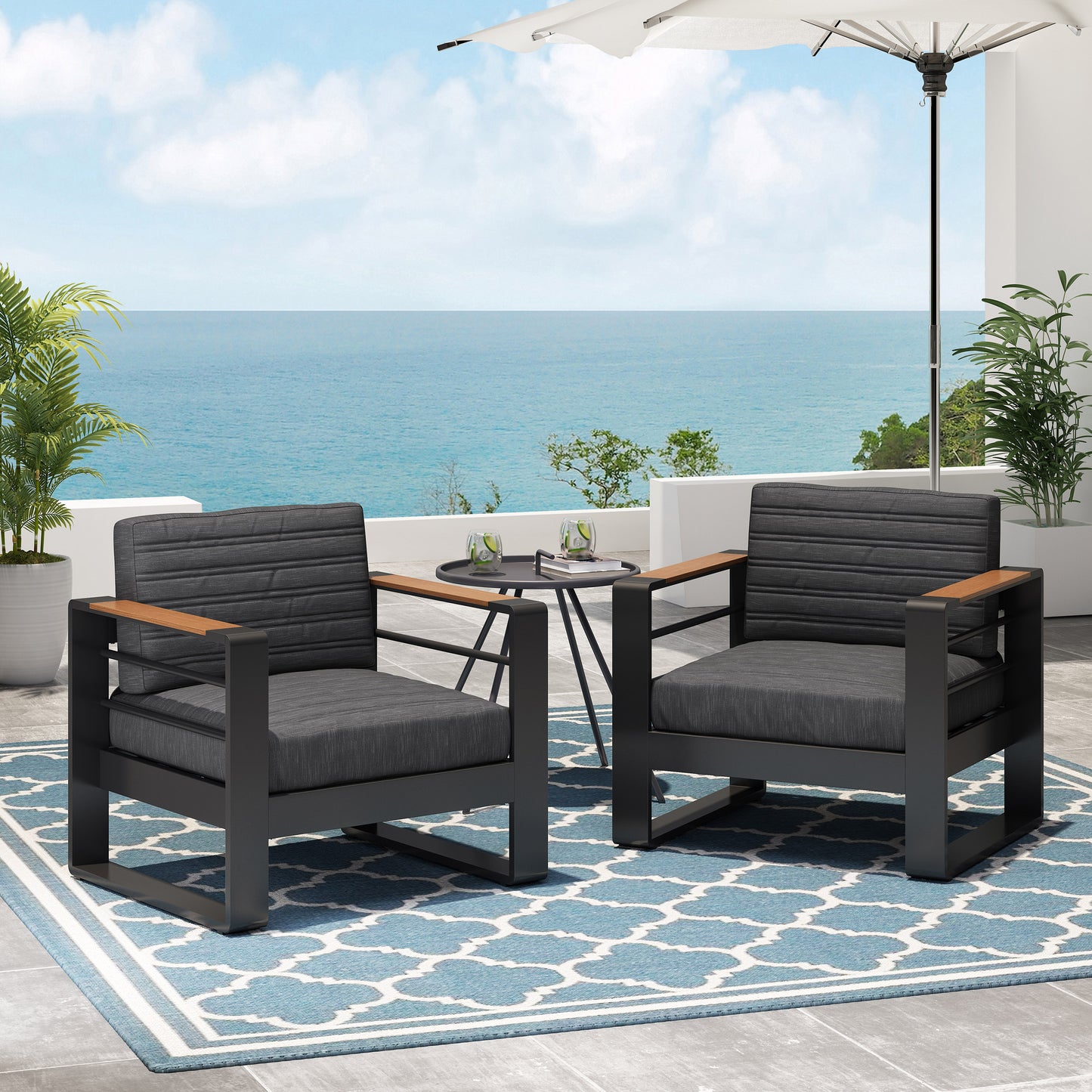 Swanton Outdoor Aluminum Club Chairs with Water Resistant Cushions, Set of 2, Dark Gray, Natural, and Black