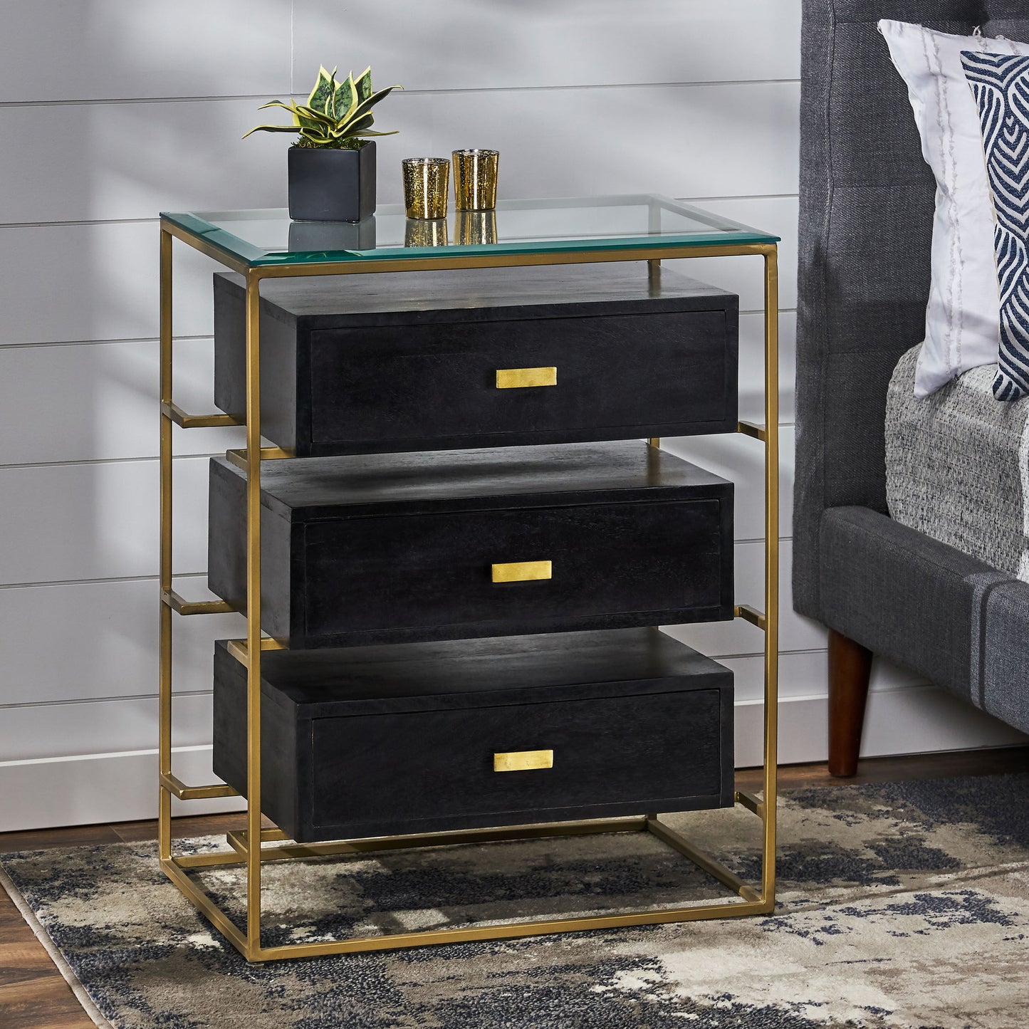 Sonne Modern Handcrafted 3 Drawer Glass Top Nightstand, Black and Brass