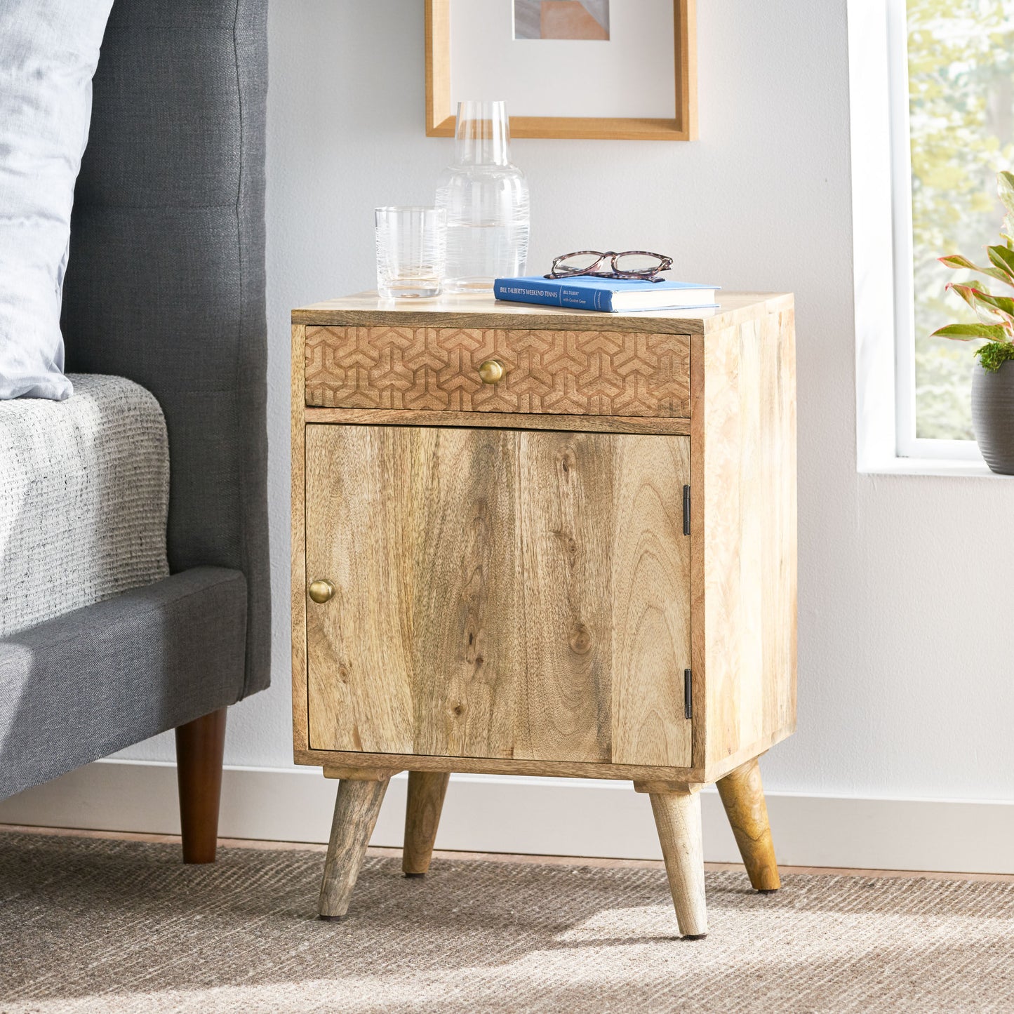Stowe Boho Handcrafted Mango Wood Nightstand with Storage, Natural