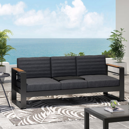Neffs Outdoor Aluminum 3 Seater Sofa with Water Resistant Cushions, Black, Natural, and Dark Gray