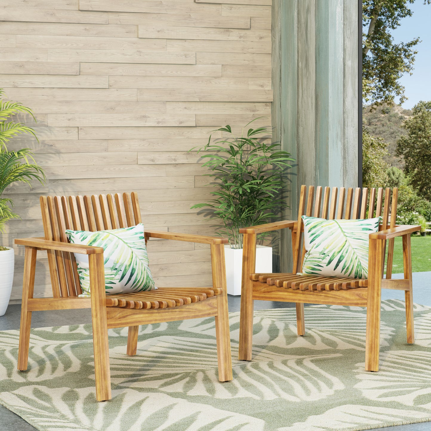 Naomi Outdoor Acacia Wood Slatted Club Chairs, Set of 2, Teak