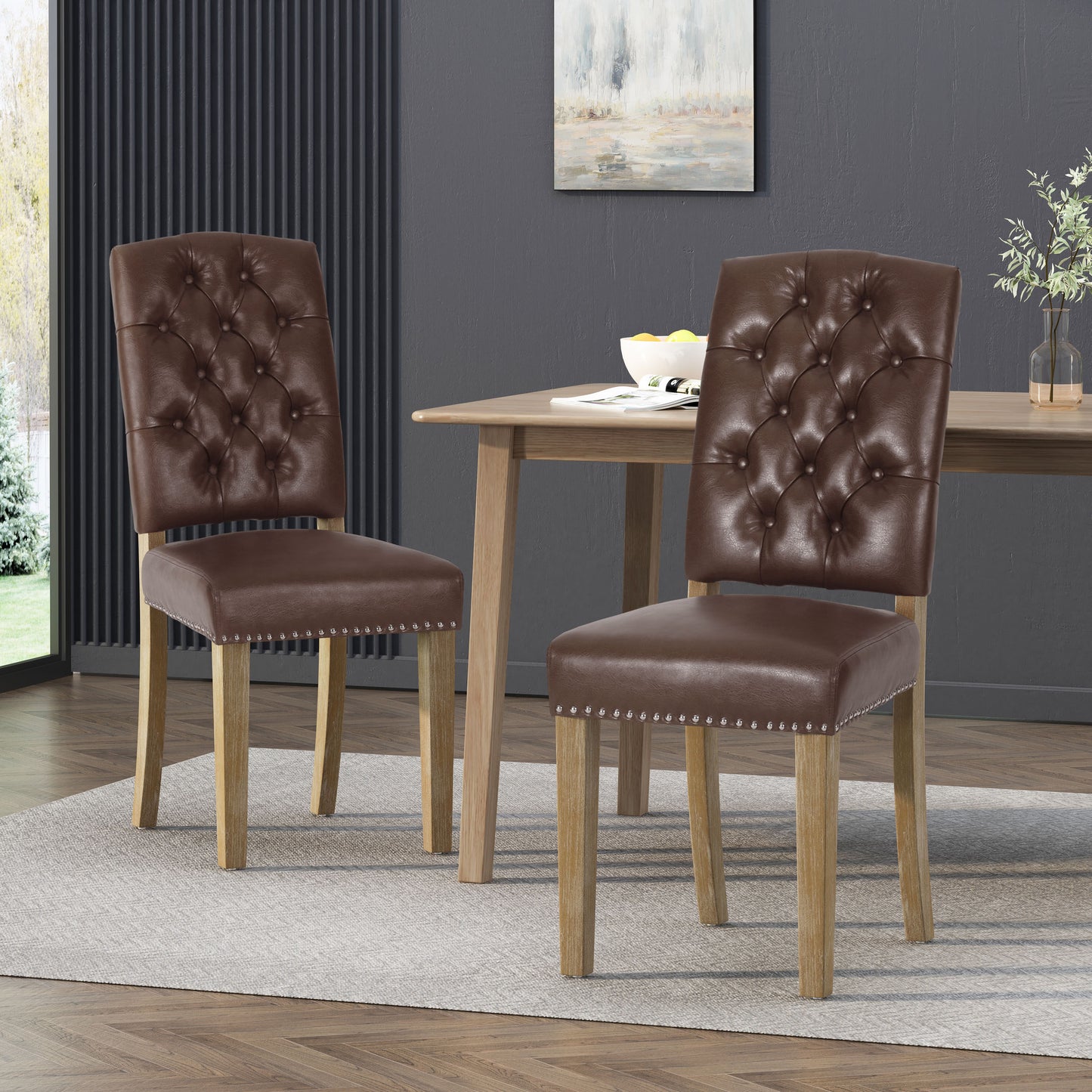 Frances Contemporary Faux Leather Tufted Dining Chairs with Nailhead Trim, Set of 2