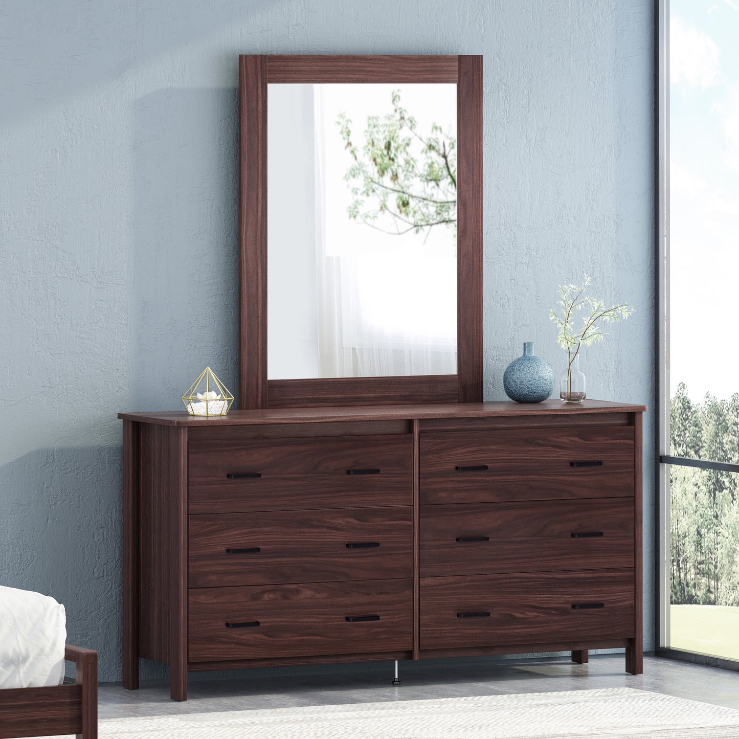 Titeca Contemporary 6 Drawer Vanity Dresser with Rectangular Mirror
