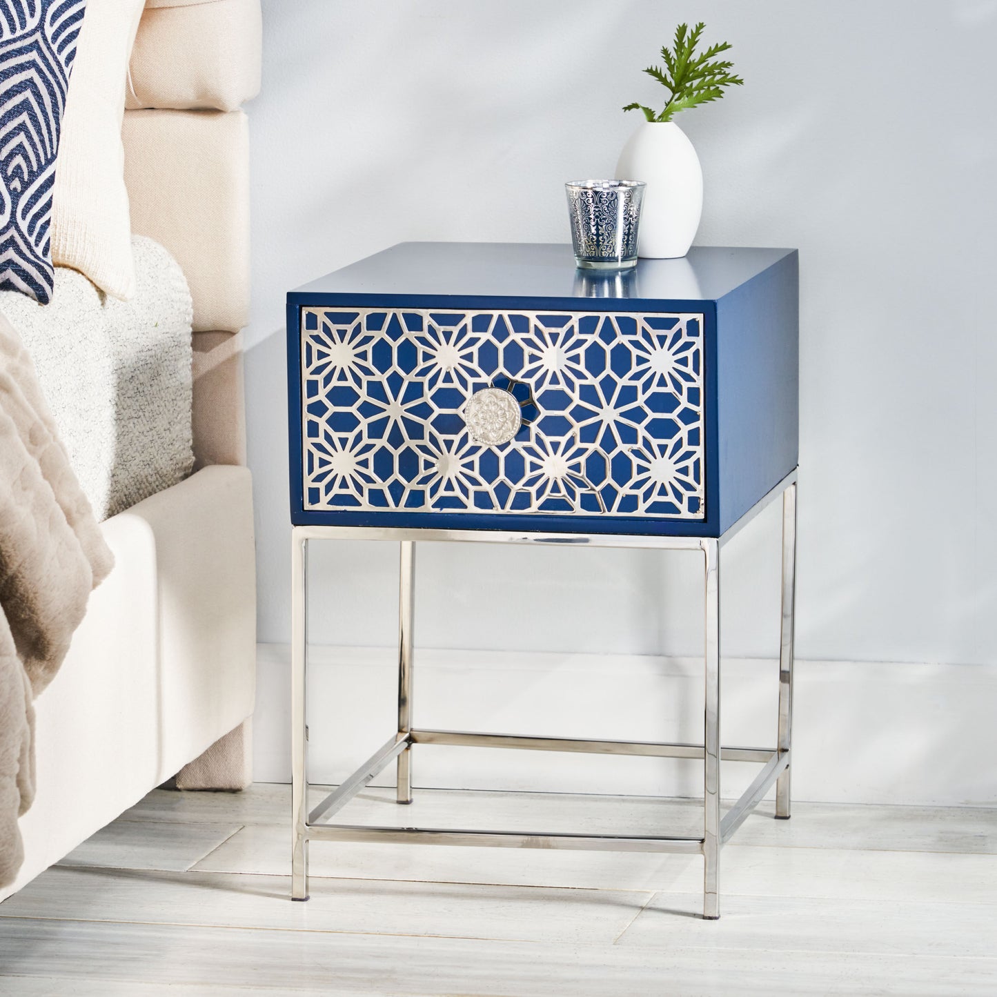 Morella Modern Glam Handcrafted Moroccan Mesh Nightstand, Navy Blue and Nickel