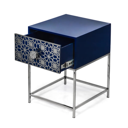 Morella Modern Glam Handcrafted Moroccan Mesh Nightstand, Navy Blue and Nickel