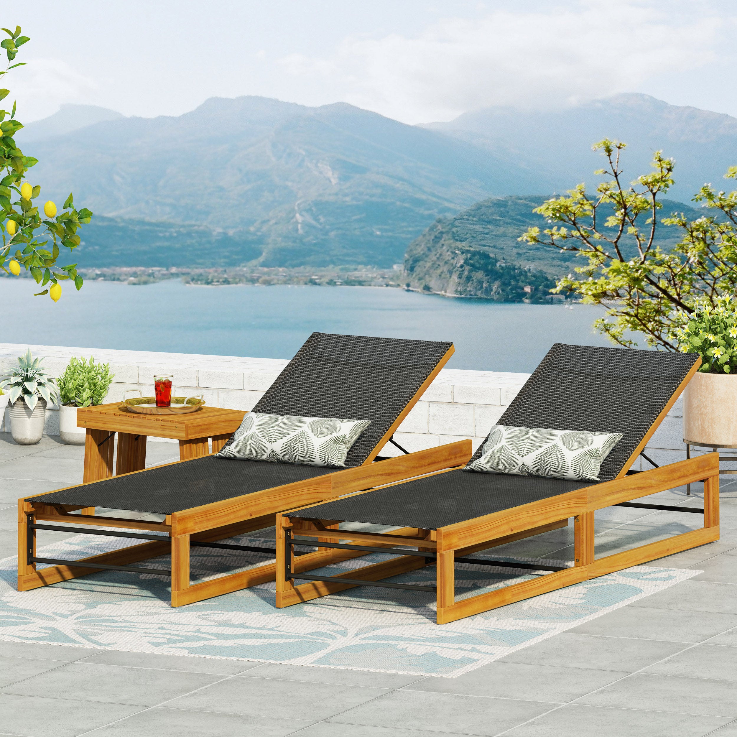 Leavitt Outdoor Mesh and Wood Adjustable Chaise Lounges Set of 2 Black and Teak