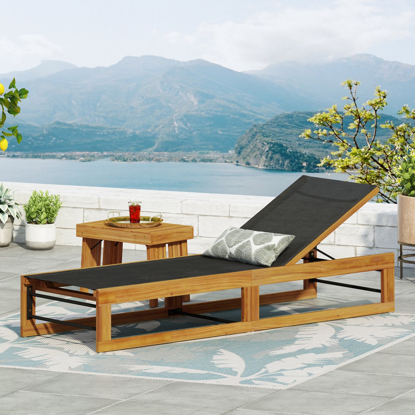 Leavitt Outdoor Mesh and Wood Adjustable Chaise Lounge, Black and Teak