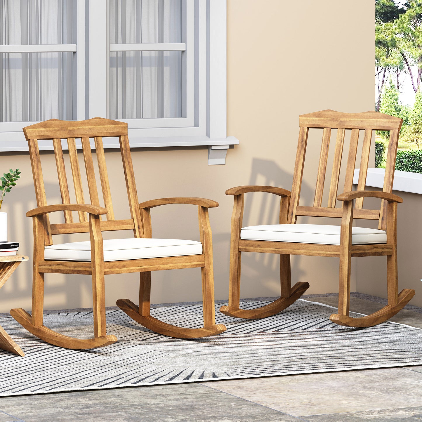 Kessler Outdoor Acacia Wood Rocking Chair with Cushion, Set of 2, Teak and Beige