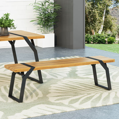 Pepple Outdoor Acacia Wood Dining Bench, Teak and Black