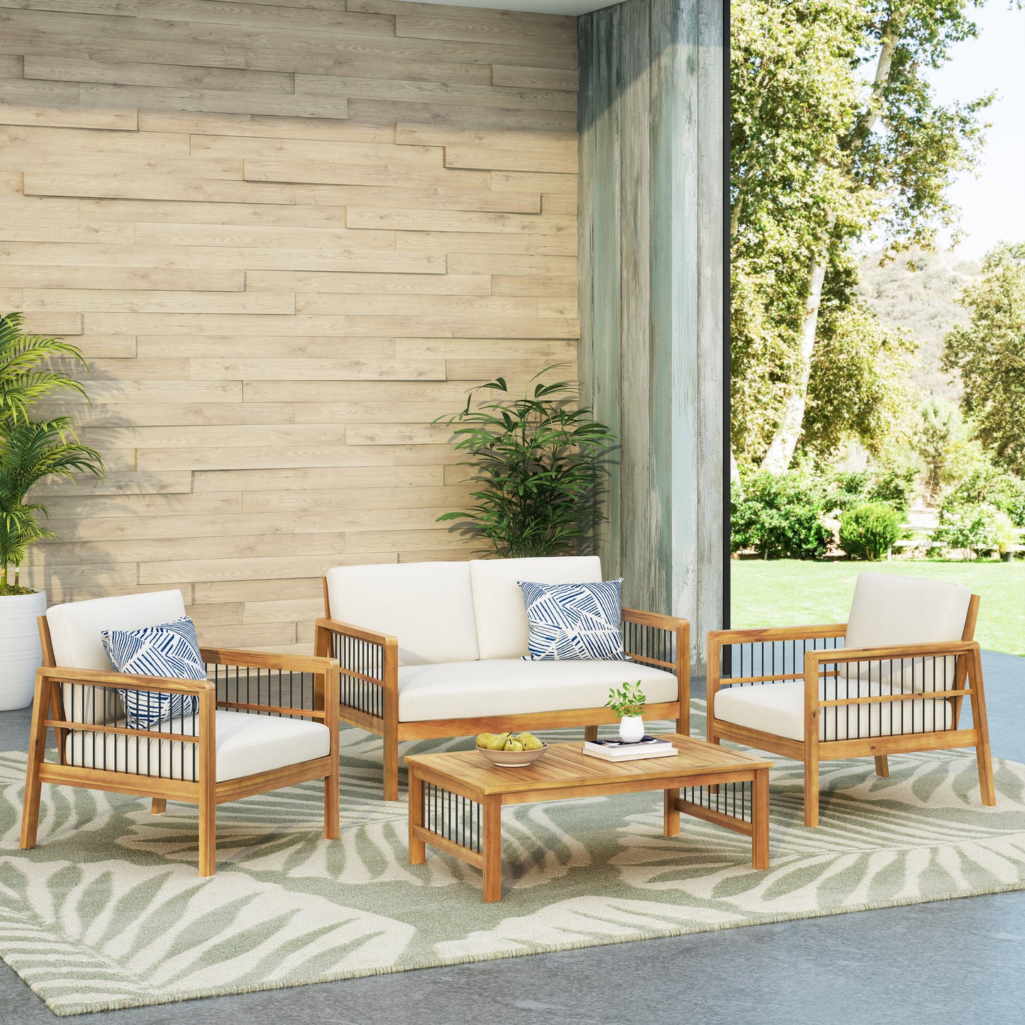 Sagewood Outdoor Acacia Wood Chat Set with Cushions, Teak and Beige